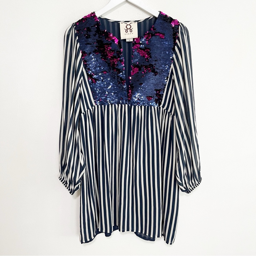 FIGUE Sequined Silk Mini Tunic Dress Blue Stripe Size Medium - Picture 2 of 11